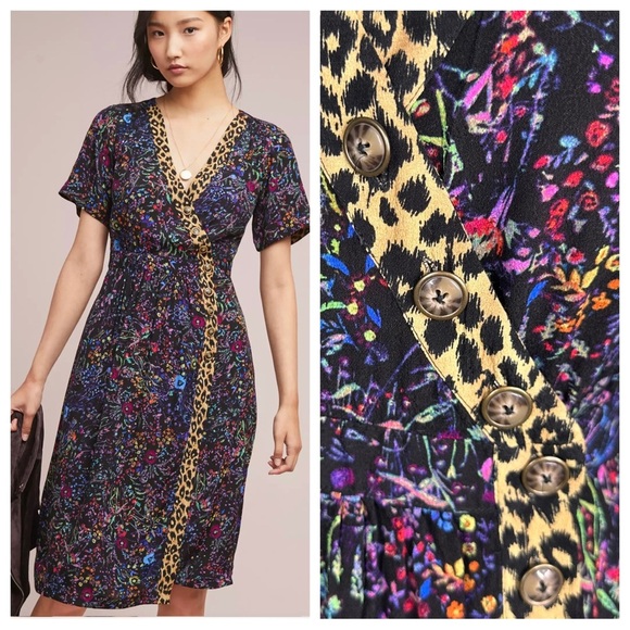 Anthropologie Maeve floral animal print Morgan dress v-neck buttons leopard 6 - Picture 1 of 16